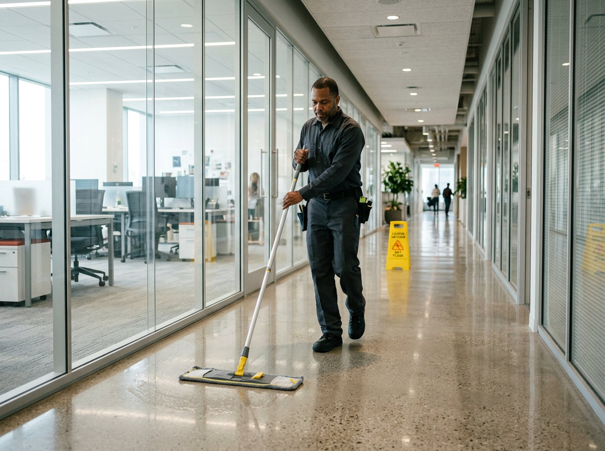Janitorial professional damp-mopping the polished floor of a modern glass-walled office corridor with a flat microfiber mop