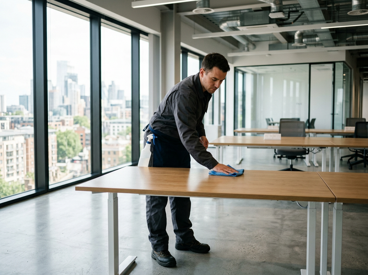Commercial cleaning technician wiping an empty new office desk with a microfiber cloth in a freshly finished open-plan office