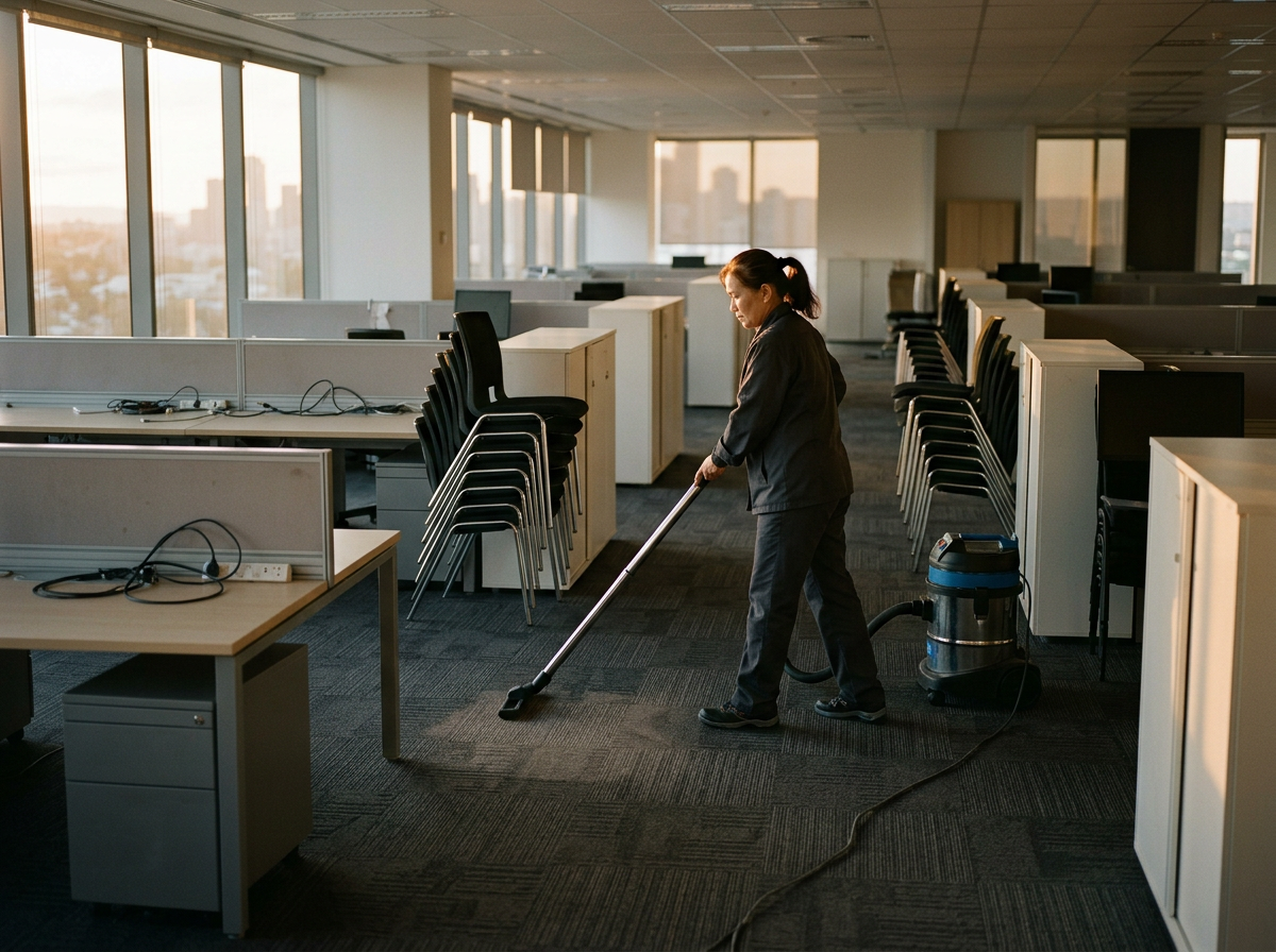 Commercial cleaner vacuuming the carpet of a vacated office suite with empty desks and stacked chairs
