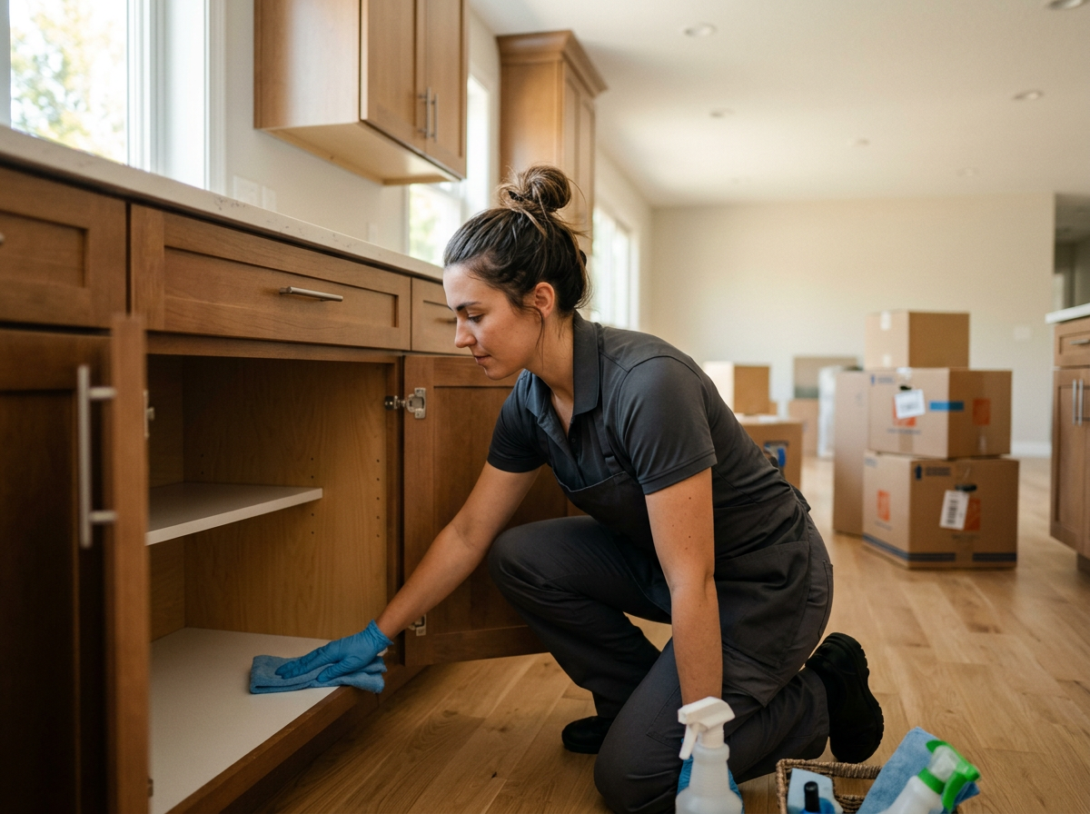 Cleaner kneeling to wipe the inside of an empty kitchen cabinet in a home with moving boxes in the background