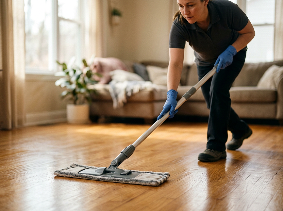 Uniformed cleaning professional mopping a sunlit hardwood living room floor with a microfiber flat mop during a recurring maintenance visit